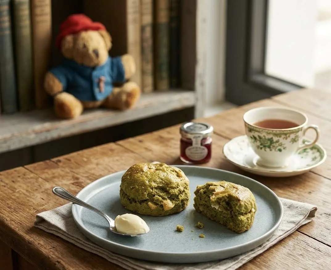 A scone, a teacup, and a bear by the window